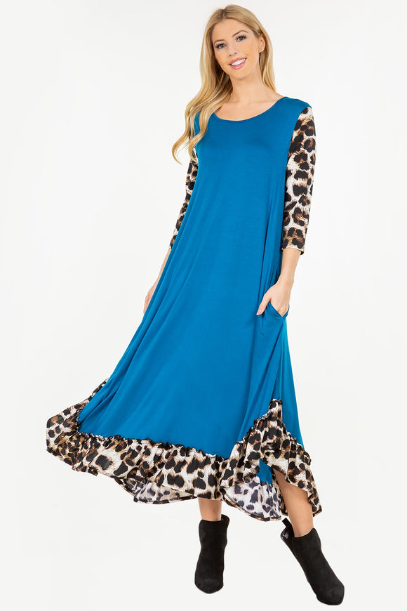 Teal Flowy Leopard Ruffle Dress
