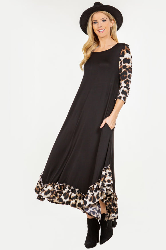 Black Flowy Leopard Ruffle Dress