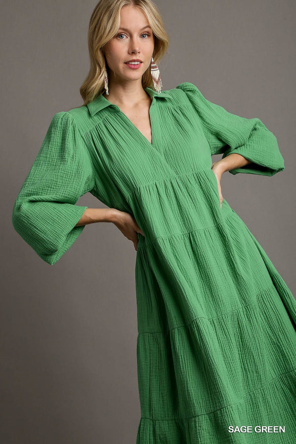 Gauze Long Sleeve Collar Split Neck Tiered Maxi Dress Green