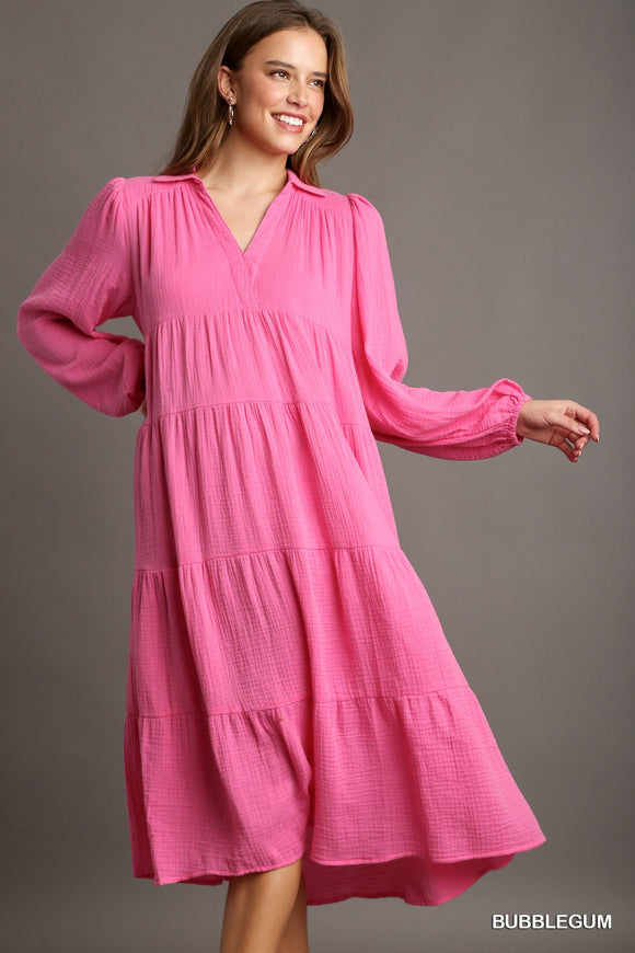 Gauze Long Sleeve Collar Split Neck Tiered Maxi Dress Pink