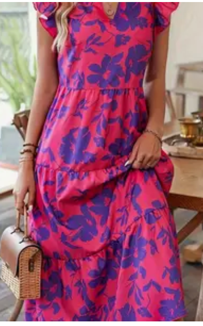 Floral Print Tiered Maxi Dress with Ruffle Sleeves