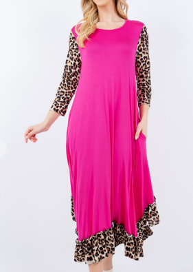 Pink Flowy Leopard Ruffle Dress