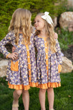Kids Gray & Mustard Floral Ruffle Button Pocket Fall Dress