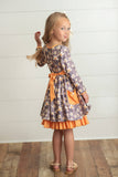 Kids Gray & Mustard Floral Ruffle Button Pocket Fall Dress